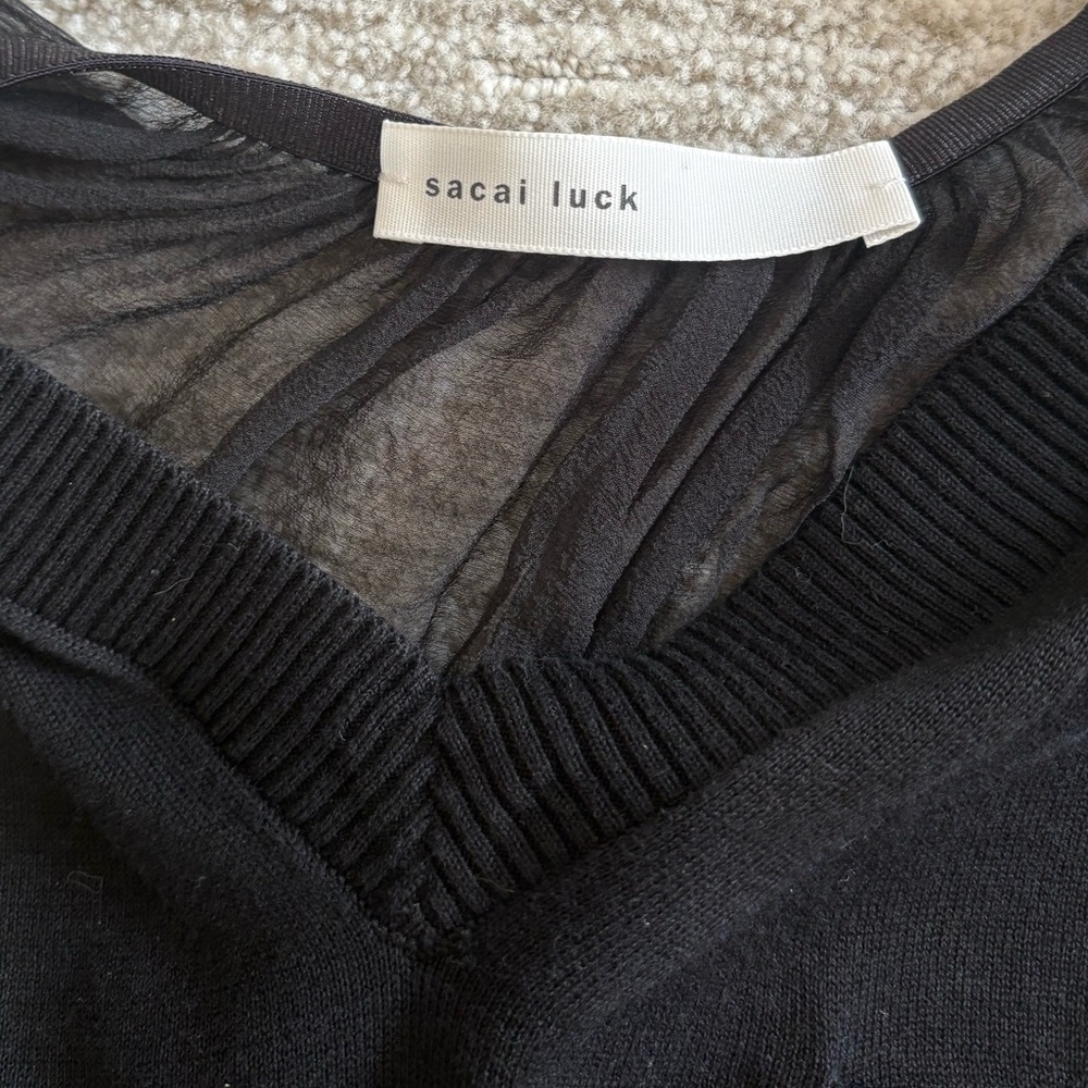 Sacai Luck Black Sheer Silk Mixed Tunic Sweater Dress Womens Size 2 M V-Neck - Picture 2 of 15